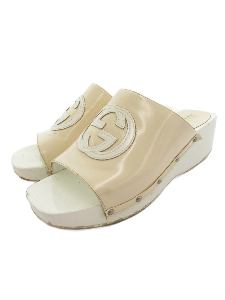 Gucci Sandals Shoes White Wedge Sole Open Toe Logo Tq 35